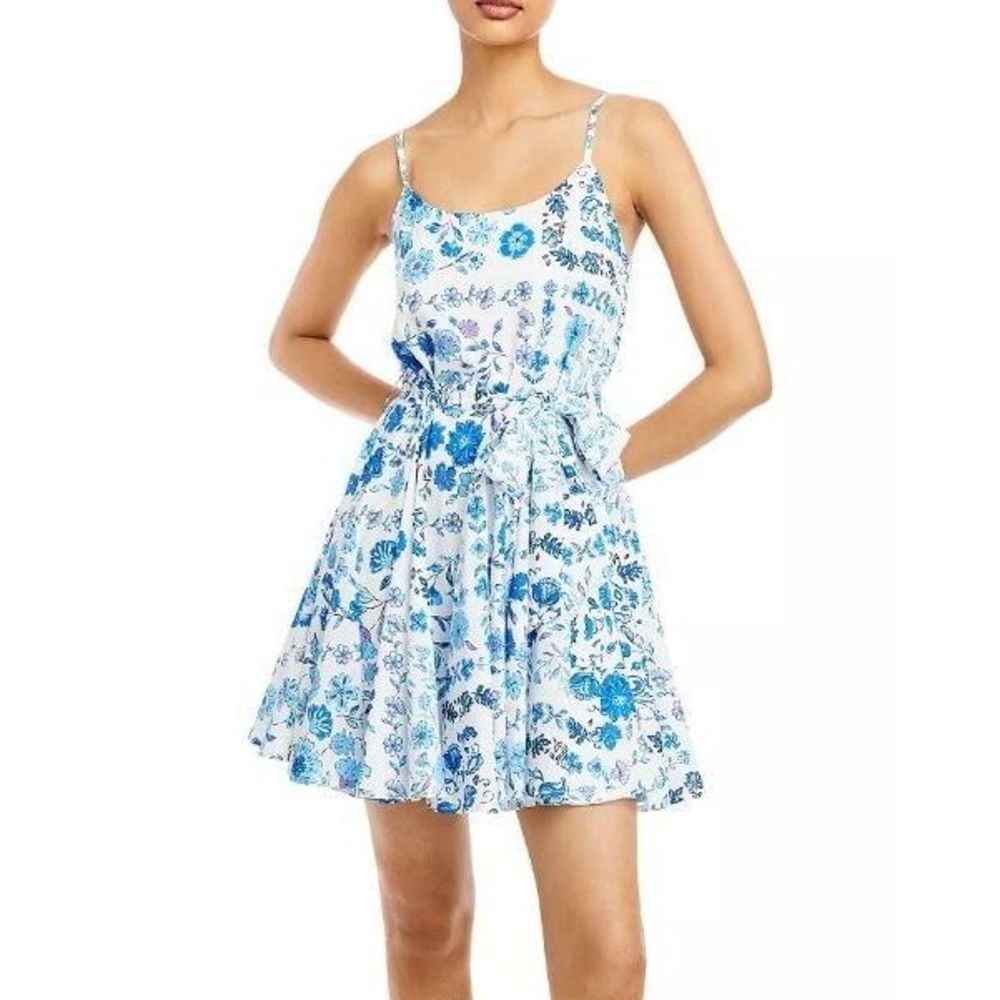 Aqua IDH79057 Women's Sz S Blue/White Floral Print Belted Sleeveless Dress